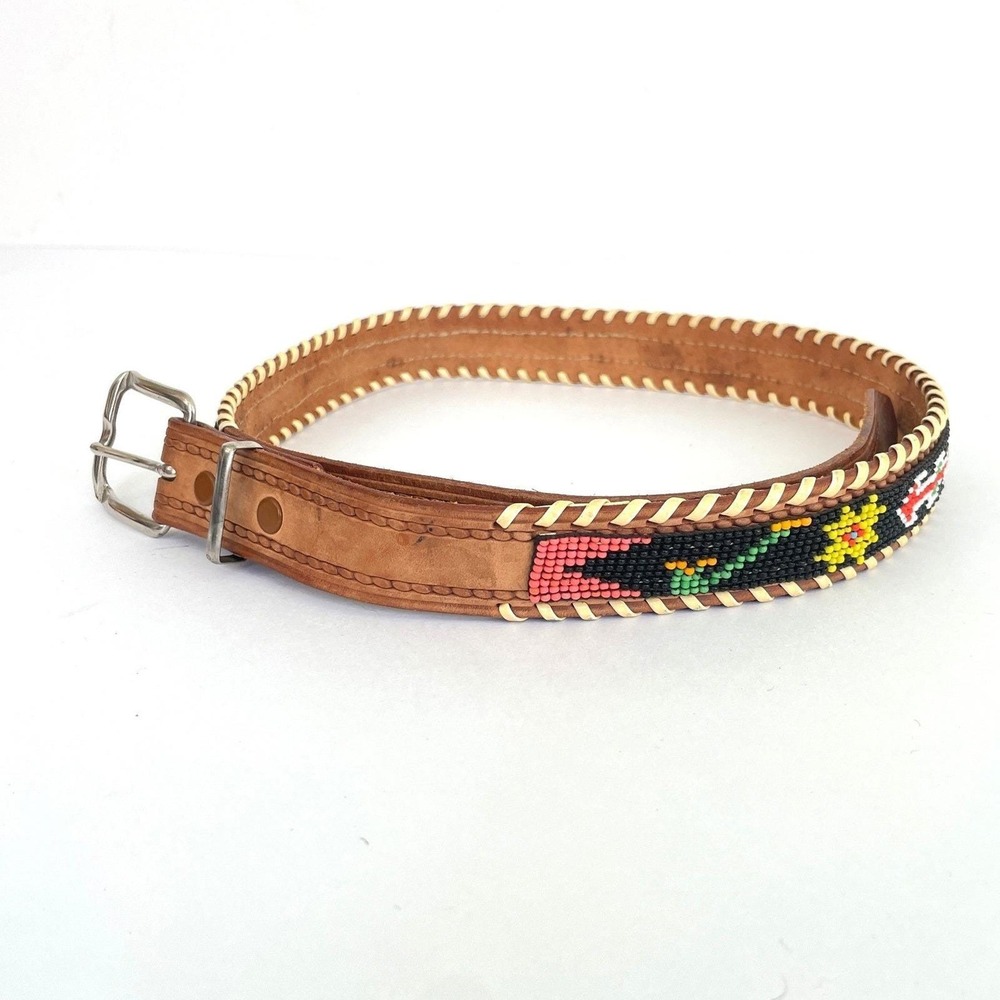 Vintage Beaded Leather Belt Size 30 Southwestern Thunderbird Western Boho Brown